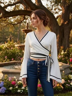 Charlotte Russe White Wrap Blouse w/Black Trim & Statement Sleeves Size Large